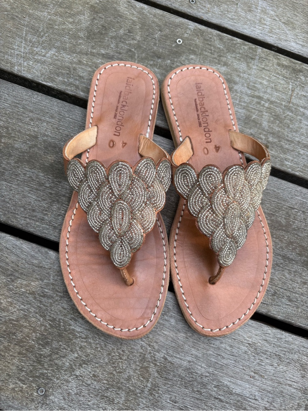 Women's Laidback London Tan Beaded Thong Sandals- size 40